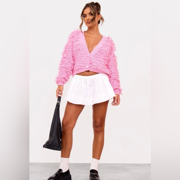 Pink Loop Knit V Neck Button Up Cardigan - Picture 3 of 4